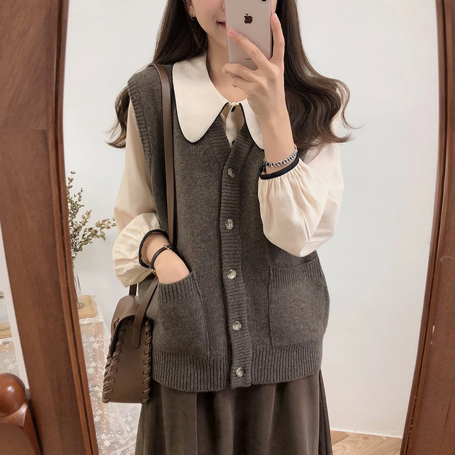 

New oversize loose sleeveless sweater spring autumn Women's vest Vintage knitted vest v neck joker knitted vest wool vest long