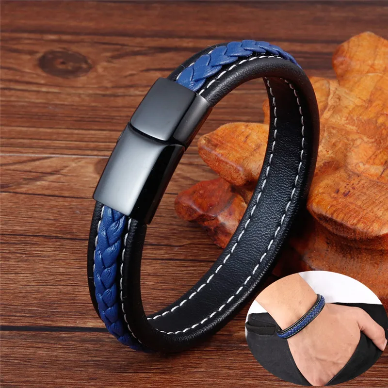 Синий Красный Крест Шарм кожаный магнитный браслет из нержавеющей стали