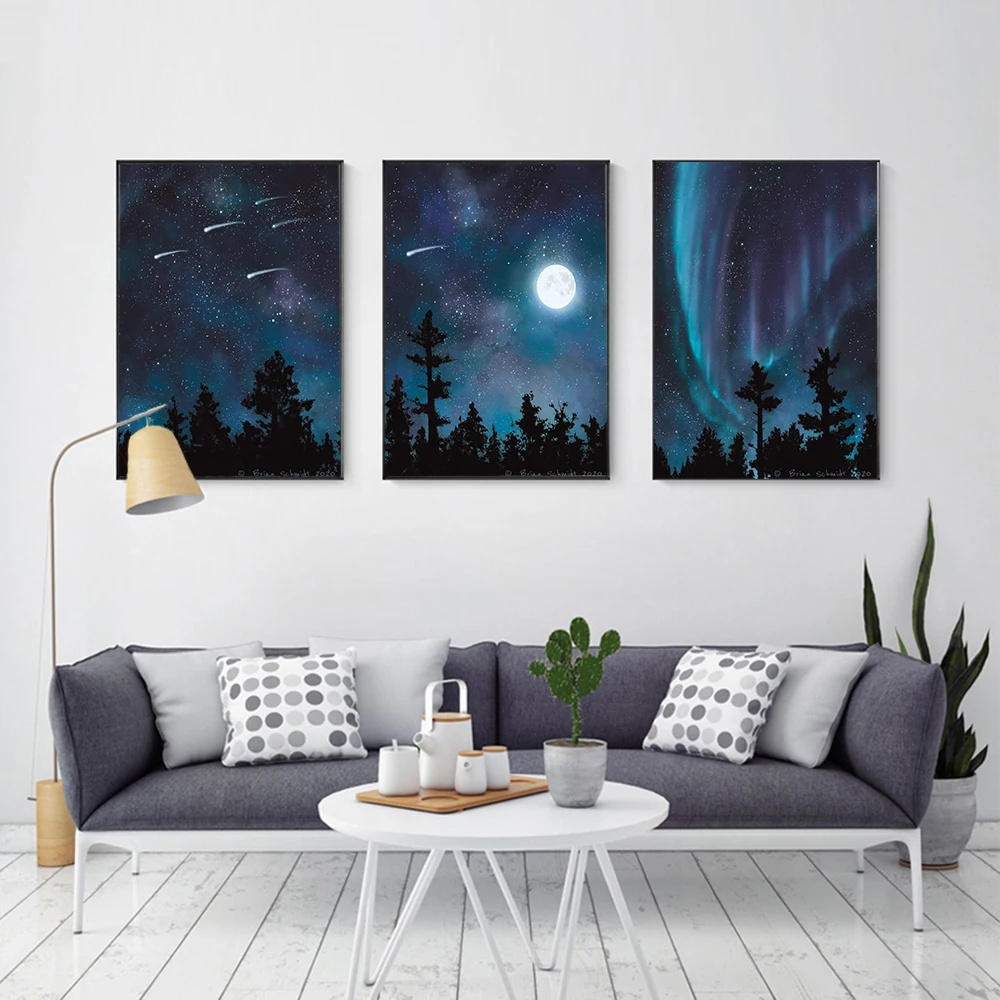 Постеры на холсте Aurora Borealis картина с изображением звезд ночного неба Луны