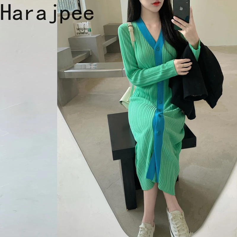

Harajpee Knitted Dress Long Sleeve Single Breasted V-neck Slim Solid Straight Korean Ins Simple Spring Autumn New One-step Skirt