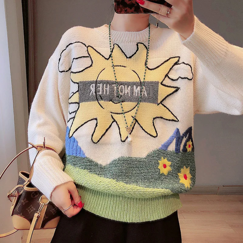 Женский вязаный Свитер оверсайз толстый свитер контрастных цветов с вышивкой