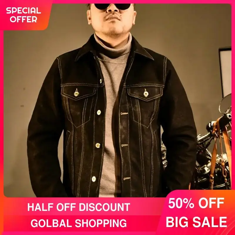 

2021 Black Japan Casual Style Genuine Leather Jacket Men Single Breasted Plus Size 3XL Real Natural Cowhide Spring Short Coat
