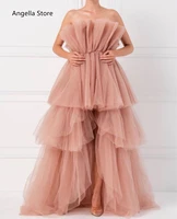 nude pink high low tulle prom dresses a line tiered skirt strapless formal evening gowns special occasion dress for women girls