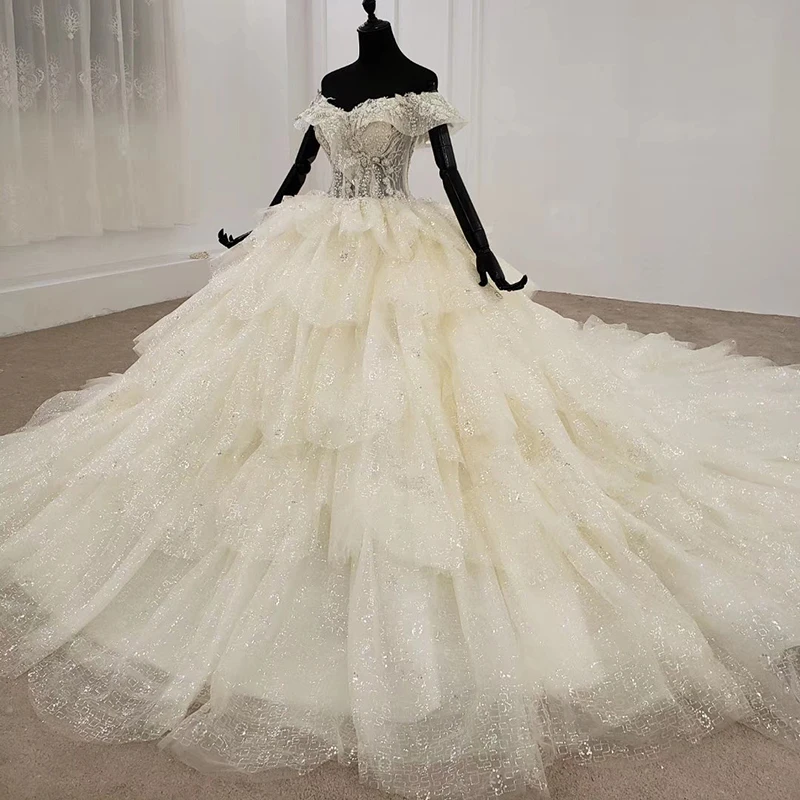 BGW 21712ht White Tiered Wedding Dress 2020 Lace Up Back Off The Shoulder Short Sleeve Gown Bride Vestido De Noiva | Свадьбы и