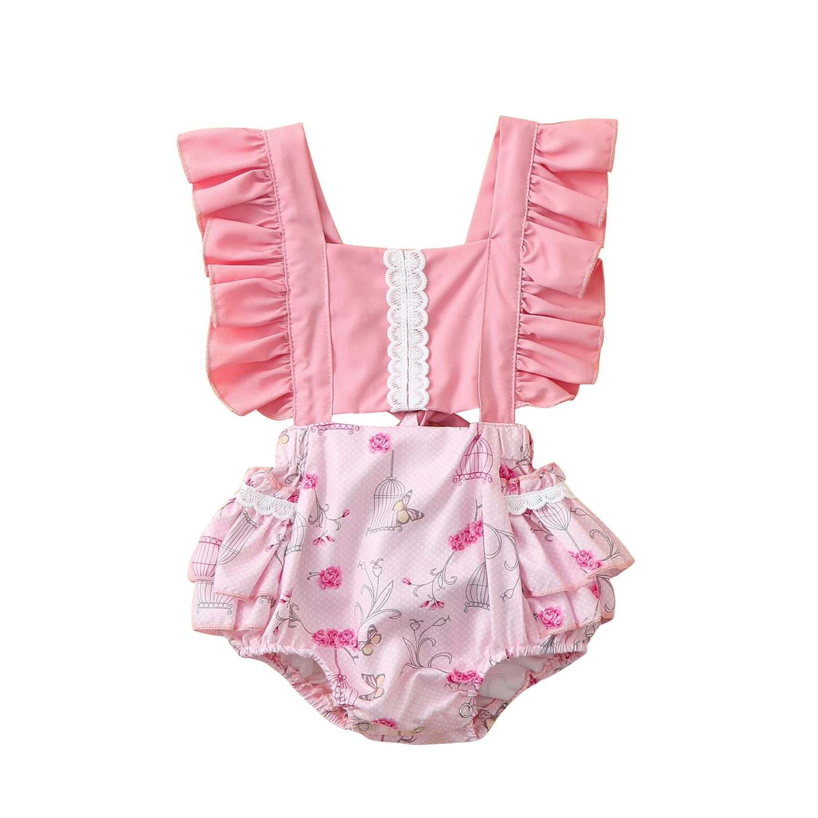 

0-18M Newborn Girl Floral Ruffled Romper Toddler Baby Girl Summer Cotton Clothes Ruched Flounce Sleeve Backless Jumpsuit