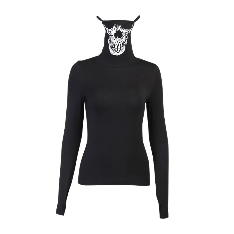 

InsGoth Skull Print Black Mask T Shirt Goth Harajuku Bodycon Long Sleeve T-shirt Women Streetwear Punk Turtleneck Basic Tops
