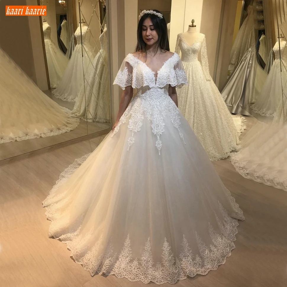 

White Wedding Dresses V Neck Lace Appliqued Sexy Bride Gowns Long Ivory Vestido De Novia Custom Made Suknia Slubna Court Train