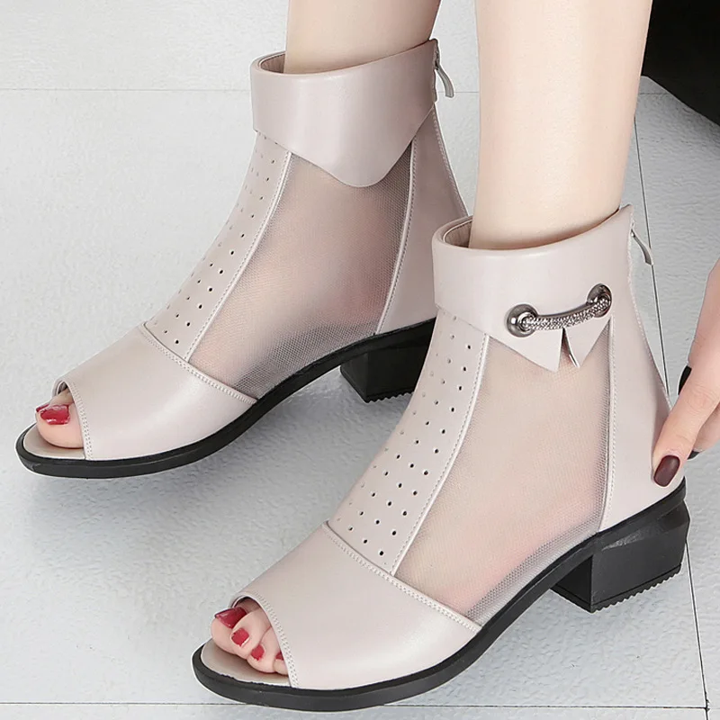 

Spring and summer net boots women's leather mesh gauze ladies heel fish mouth sandals chunky heels plus size sandals