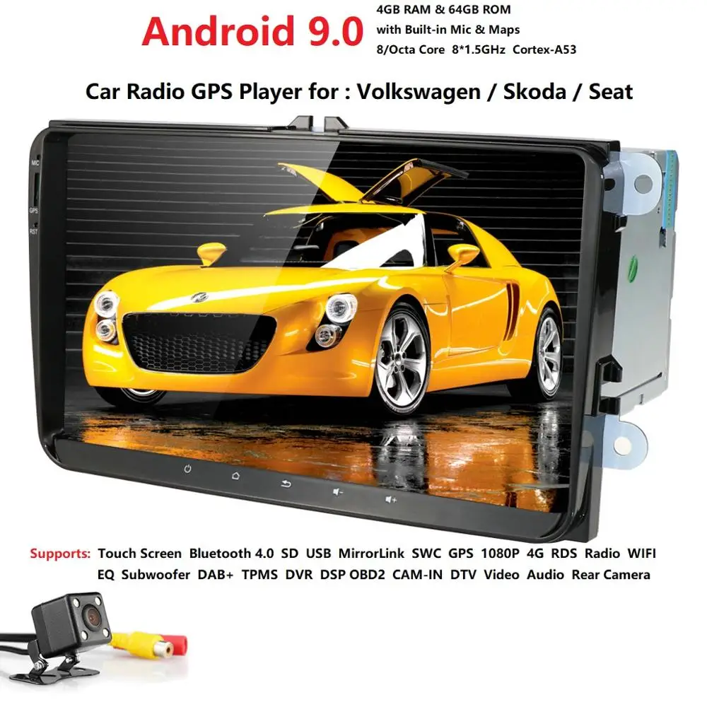 2 Din Авто Радио Android 9,0 для VW/Golf/Tiguan/Skoda/Fabia/Rapid/Seat/Leon Автомобильный мультимедийный видео плеер gps навигационная система DVR 4 GRAM