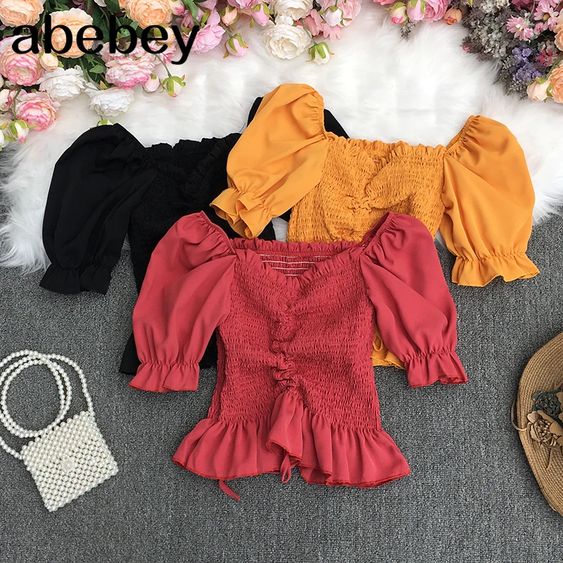 

2022 New Summer Fashion All-match square collar puff sleeve Shirt drawstring ruched slim Ruffles Shirt Top