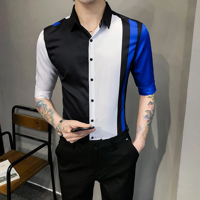 

2021 Summer Patchwork Shirt Men Slim Fit Half Sleeve Casual Shirt Fashion Business Streetwear Social Party Blouse Chemise Homme