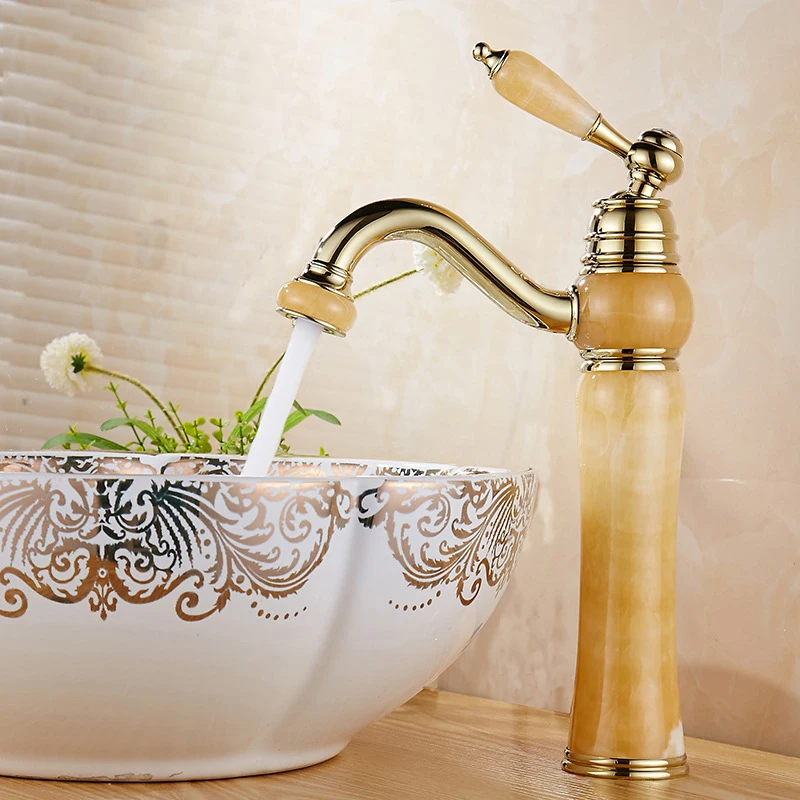 Смеситель для раковины ванной комнаты из нефрита и золота Высокий кран смеситель