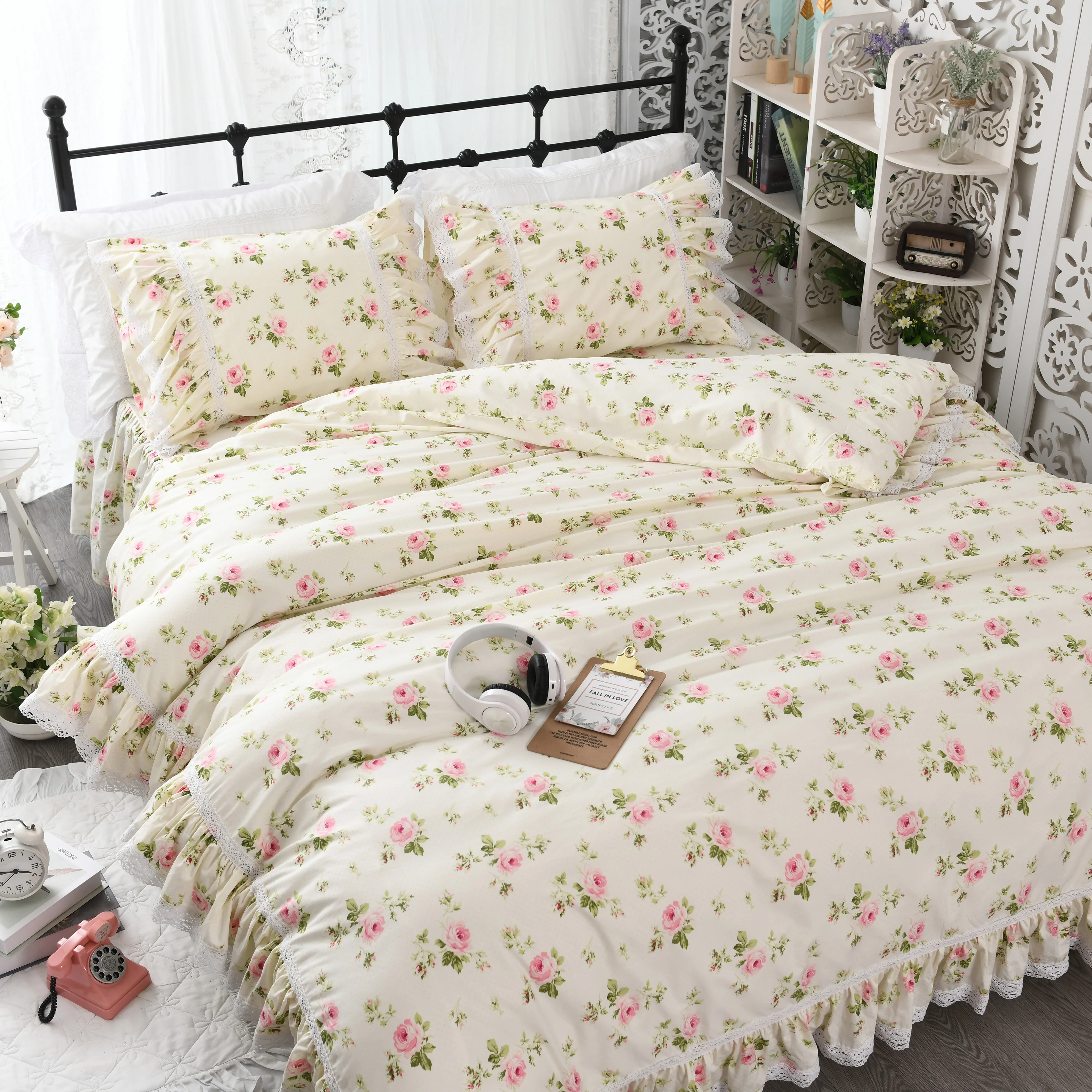 Korean Cotton princess Printed lace lotus leaf plant flower print bed spread duvet cover pillowcase bedding set HM-04F | Дом и сад