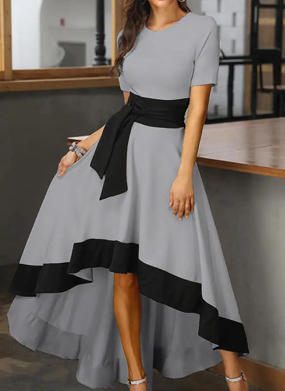 

robe longue femme musulmane,Elegant women short sleeve patchwork asymmetrical high low dress Plus size party flowy dress