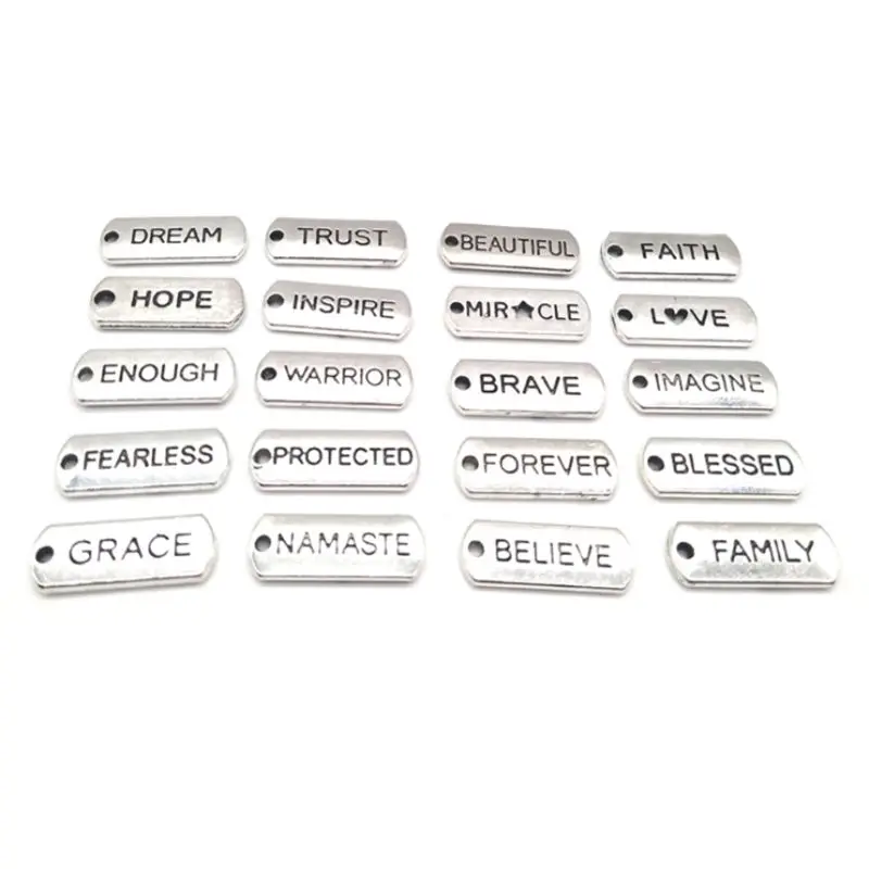 

100 Pcs Inspirational Word Charms Pendants for DIY Bracelets Necklaces ,Sliver