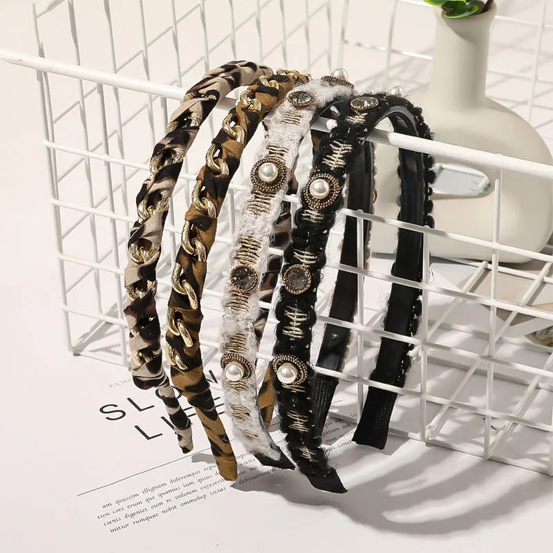 

Леопардовый принт цепи лента для волос для женщин жемчужные стразы элегантный тонкий и сердечком и повязка на голову, модная обувь для дево...