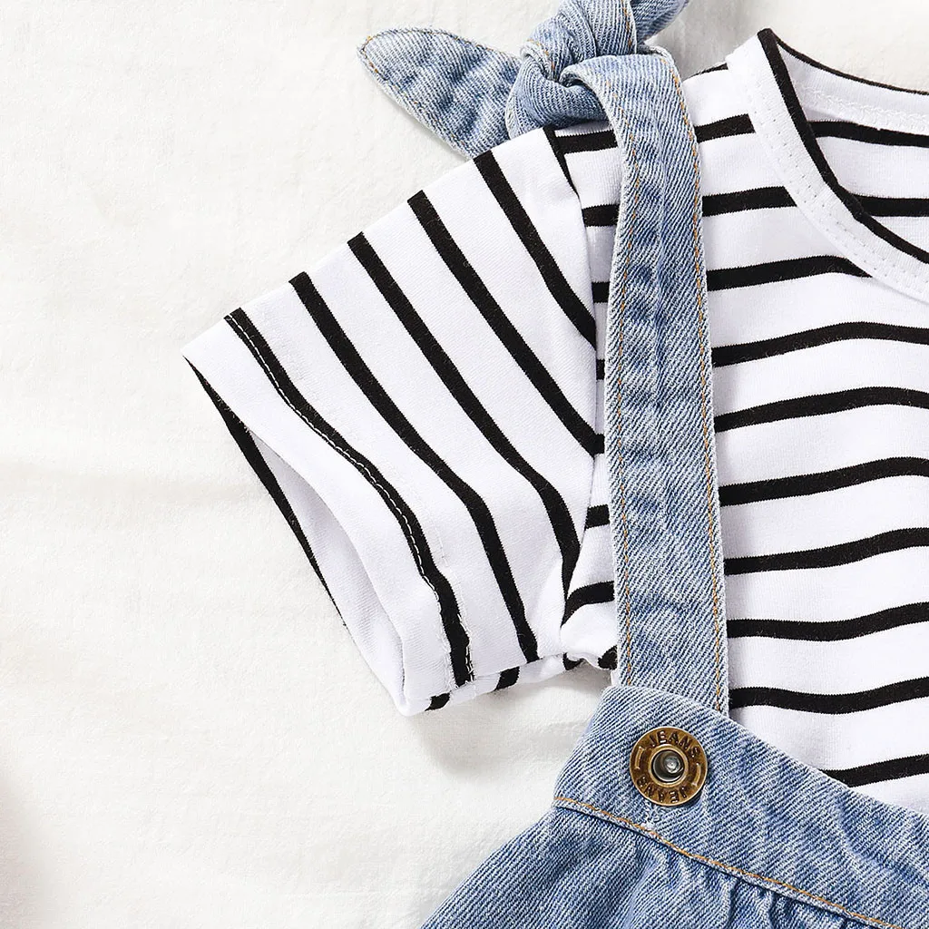 Одежда для маленьких девочек футболка в полоску с принтом + джинсовая юбка на