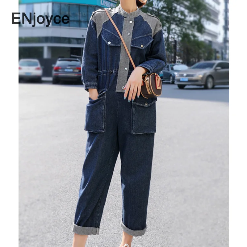 Spring Autumn Jumpsuit Women Vintage Blue Denim Patchwork Elastic Waist Long Sleeve Loose Pockets Ladies Playsuit Jump Suits