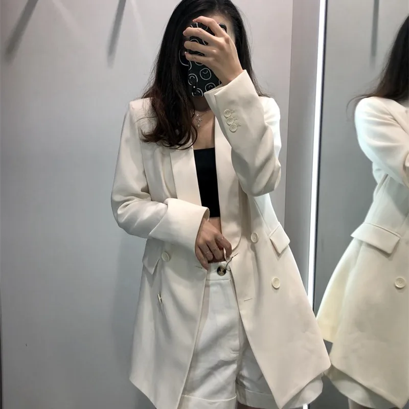 

Women 2021 Fashion Office Wear Double Breasted Blazer Coat Vintage Long Sleeve Pockets Female Outerwear Chic Tops