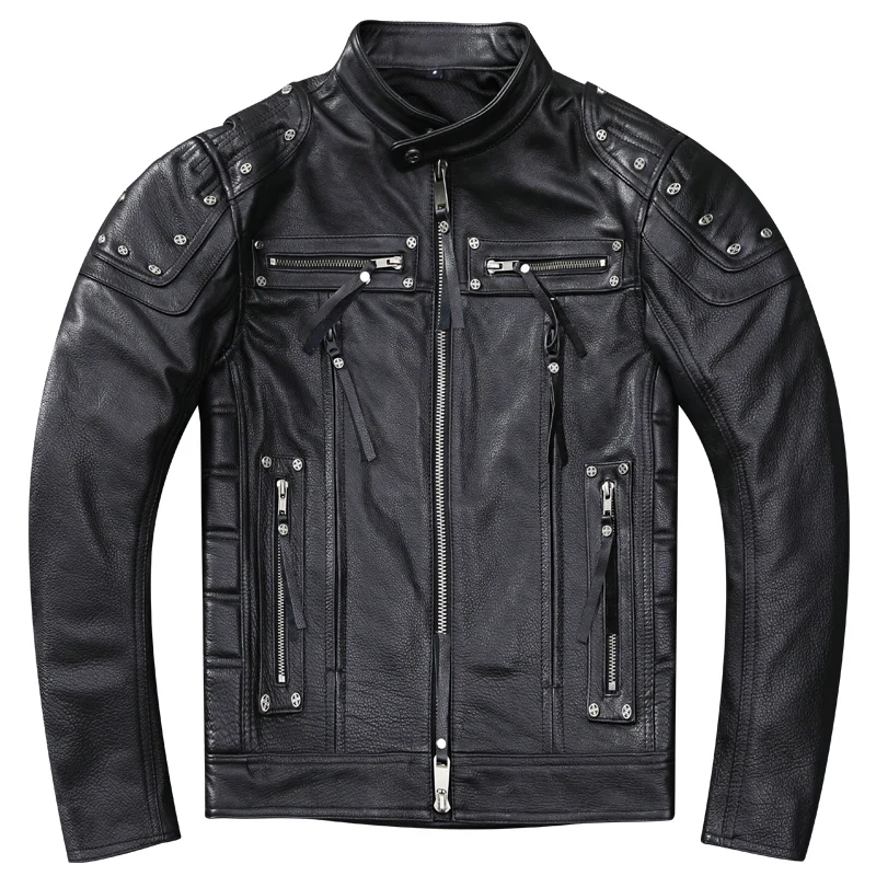 

Куртка мужская из натуральной воловьей кожи, мотоциклетная верхняя часть, кожаный жакет в стиле панк