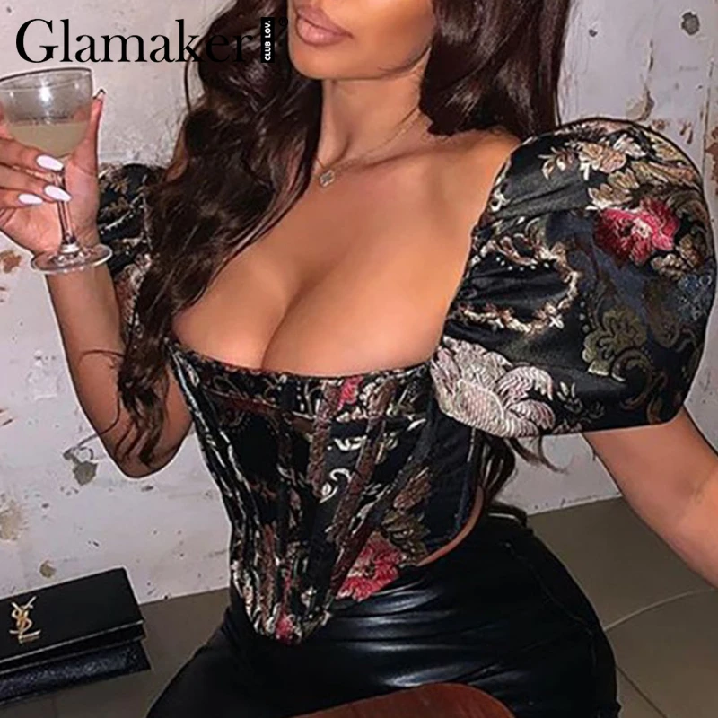 Glamaker Цветочная вышивка пышная блуза с рукавами фонариками для женщин
