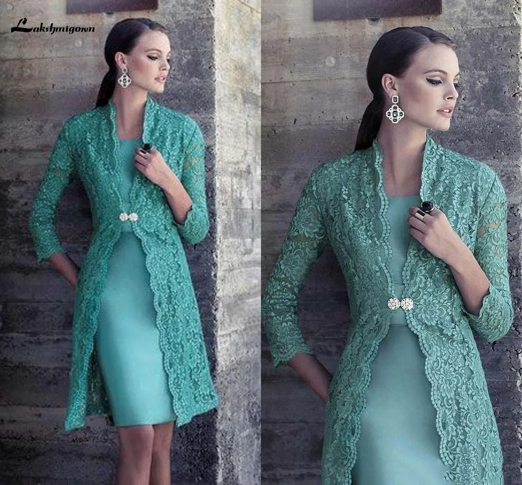 

Green Lace Mother Of The Bride Dresses with Jacket Knee Length Sheath Short Evening Gowns Formal Mother's Dress