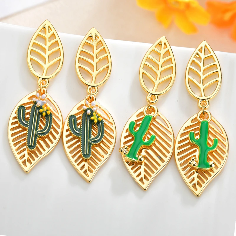 Трендовое металлическое растение кактус кулон длинные висячие серьги