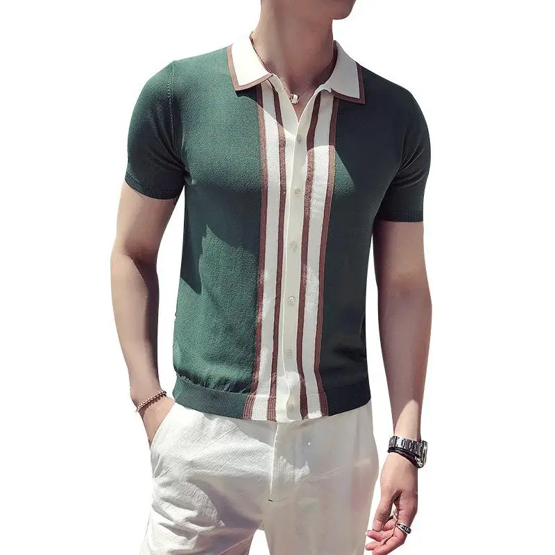 

Contrast Knit Stripe Polo Shirt British Men Fashion Short Sleeve Polo Camisa Masculina Polo Playera Polo Hombre Black Green