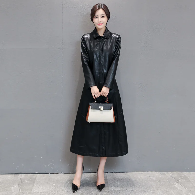 

Kaflandi autumn and winter classic Korean ladies leather windbreaker PU leather jacket women's long leather jacket was thin