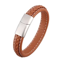 fashion simple men jewelry braided leather handmade bracelets stainless steel magnetic buckle vintage male wrist band sp1036