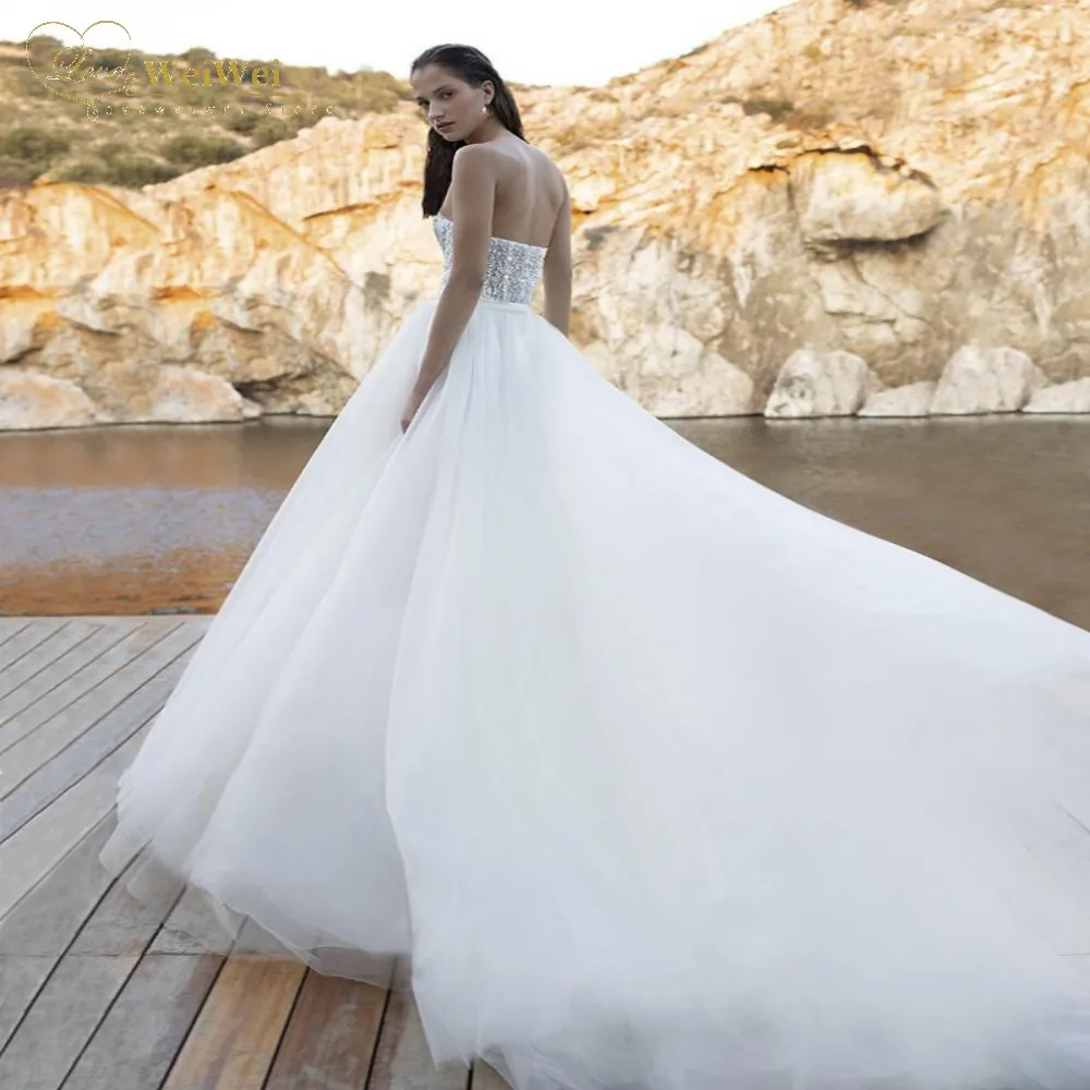 

Boho Wedding Dress A-Line Sweetheart Neck Sleeveless Floor Length Court Train Backless Beading Side High Slit Vestidos De Novia