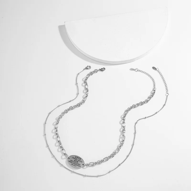 

POTCET Unisex Stainless Steel Double Layer Number Letter Titanium Steel Necklace Pendant Geometric Fashion Hip Hop Party Jewelry