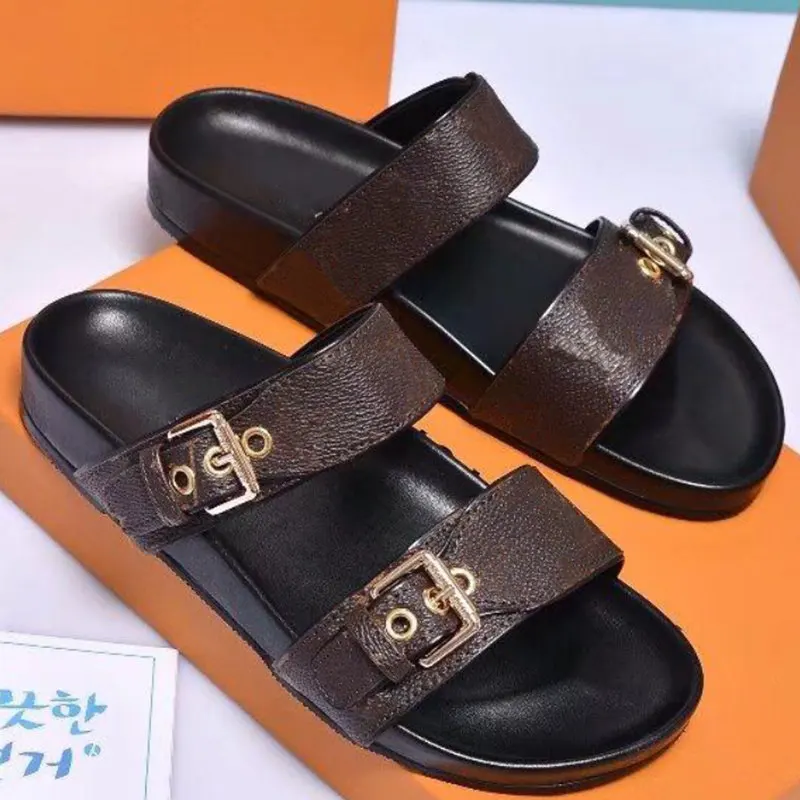 

2021 With Box Women Print Patent Leather Brand On-trend Slide Sandal Lady Canvas Letter Anatomic Leather Outsole Designe