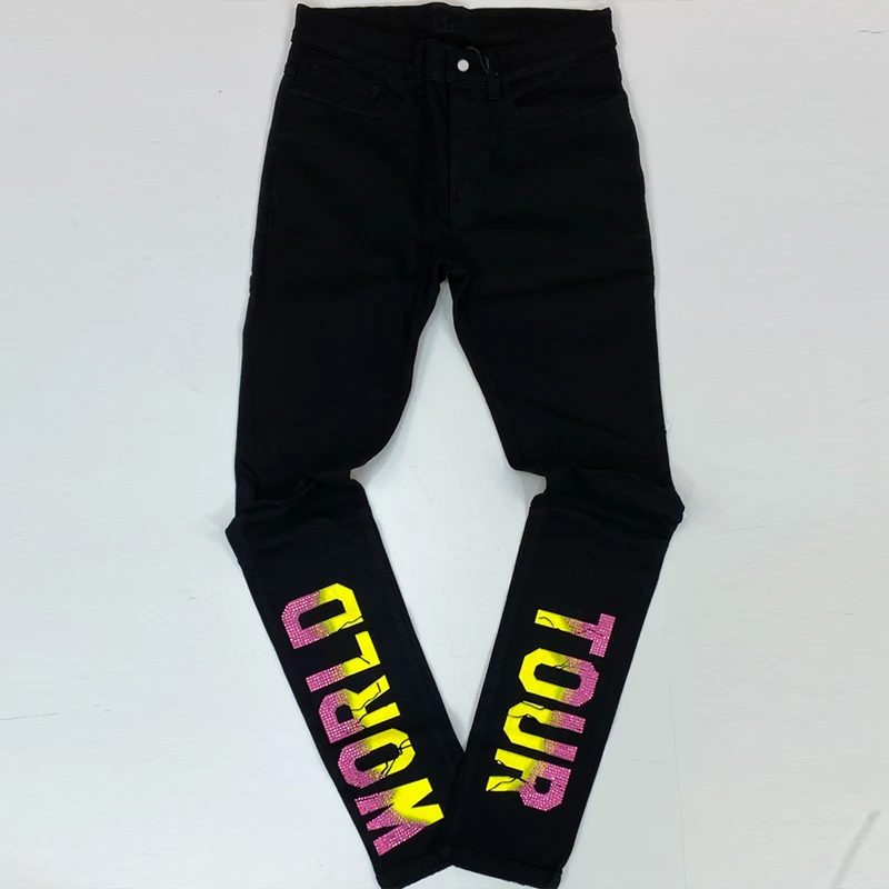 y2k Men Stretchy Ripped Skinny Black Jeans Slim High Quality Hole Trousers Aesthetic Rhinestones Streetwear Denim Pencil Pants