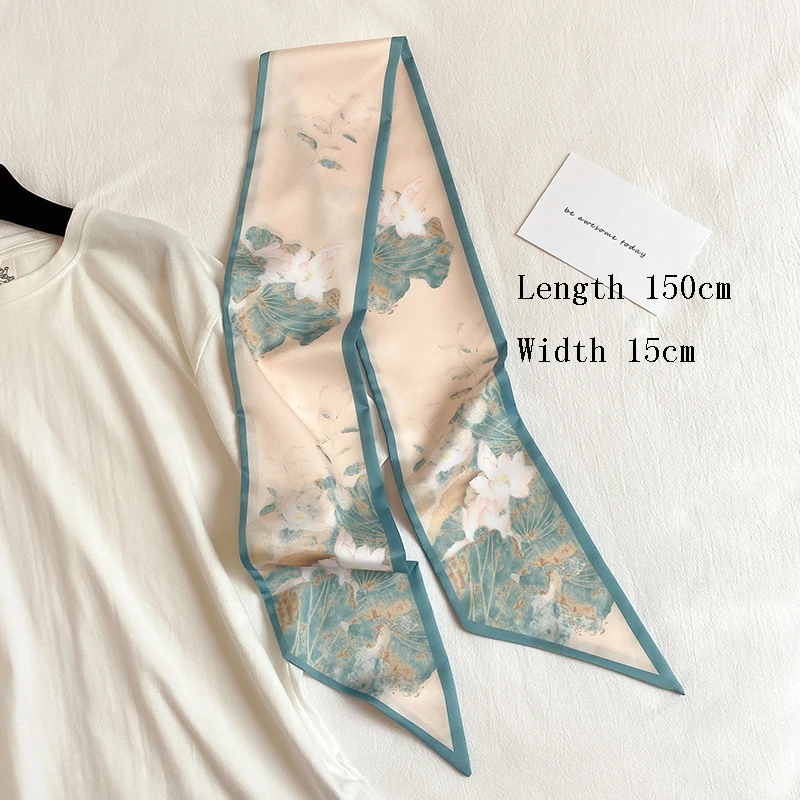 

Lotus Printing Print Luxury Bag Strap Scarf Women Silk Scarf Fashion Head Scarf Headwear Long Scarves Bag Accessories Ribbon