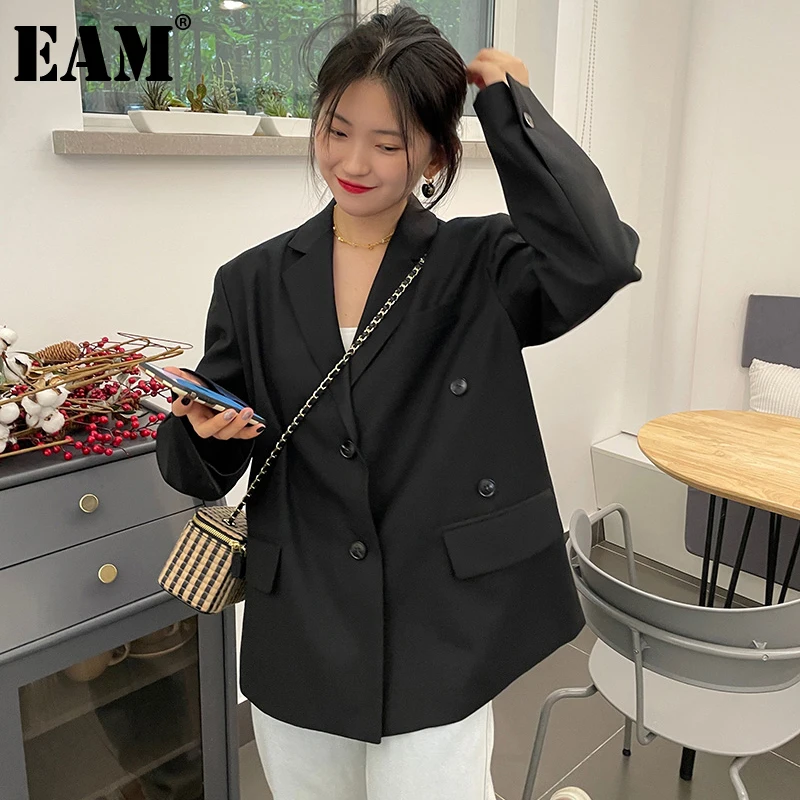 

[EAM] женский черный блейзер с боковыми разрезами большого размера, новая свободная куртка с лацканами и длинными рукавами, модная демисезонн...