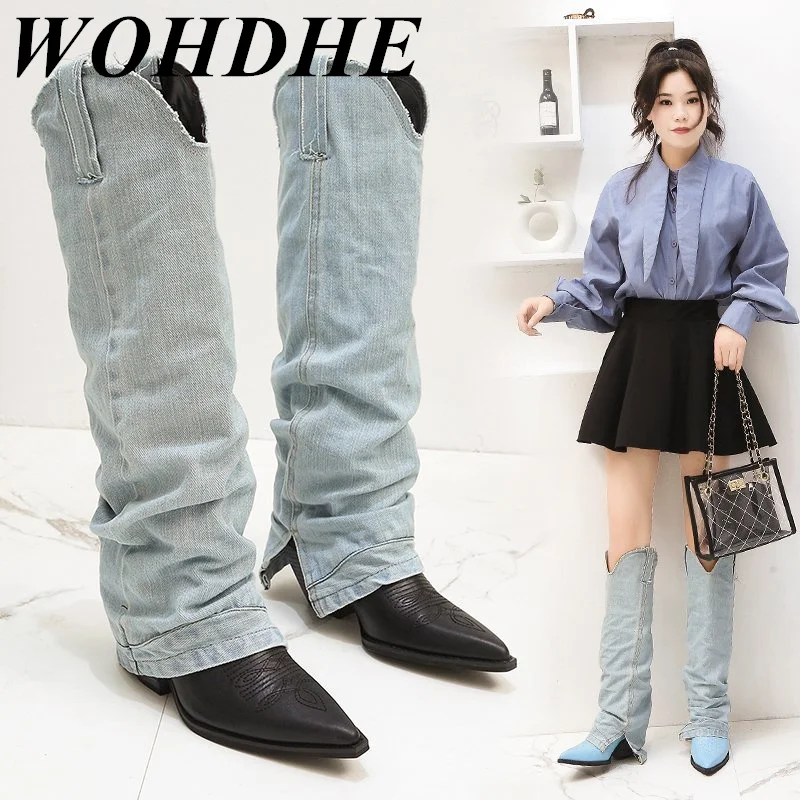 

WOHDHE Modern Slouch Boots Women New So Classic Platform Splicing Slip-on High Chunky Heel Shoes Pointed Toe Red Sale Denim