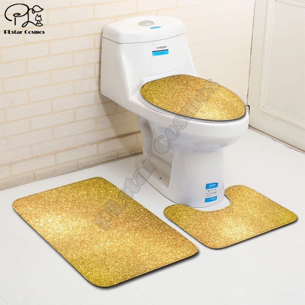 golden metal solid color pattern 3d printed bathroom pedestal rug lid toilet cover bath mat set drop shipping style 3 free global shipping