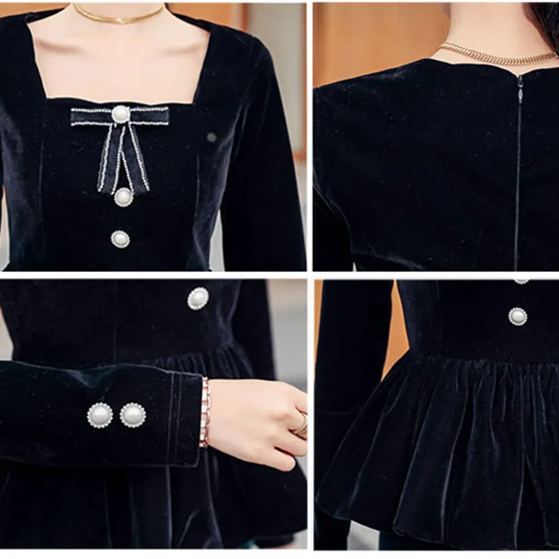 

2020 Fall Winter French Hepburn Slim Wave Square Neck Design Black Velvet Lace Long Sleeve Top women blouses