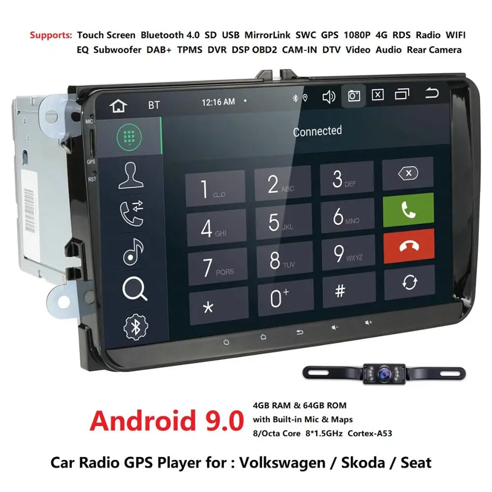 Android 9,0 8-ядерный 9 дюймов 2 din 4G+ 64G gps Автомобильный Радио плеер forvw passat golf 4 5 tiguan polo skoda fabia CC JettaDAB wifi