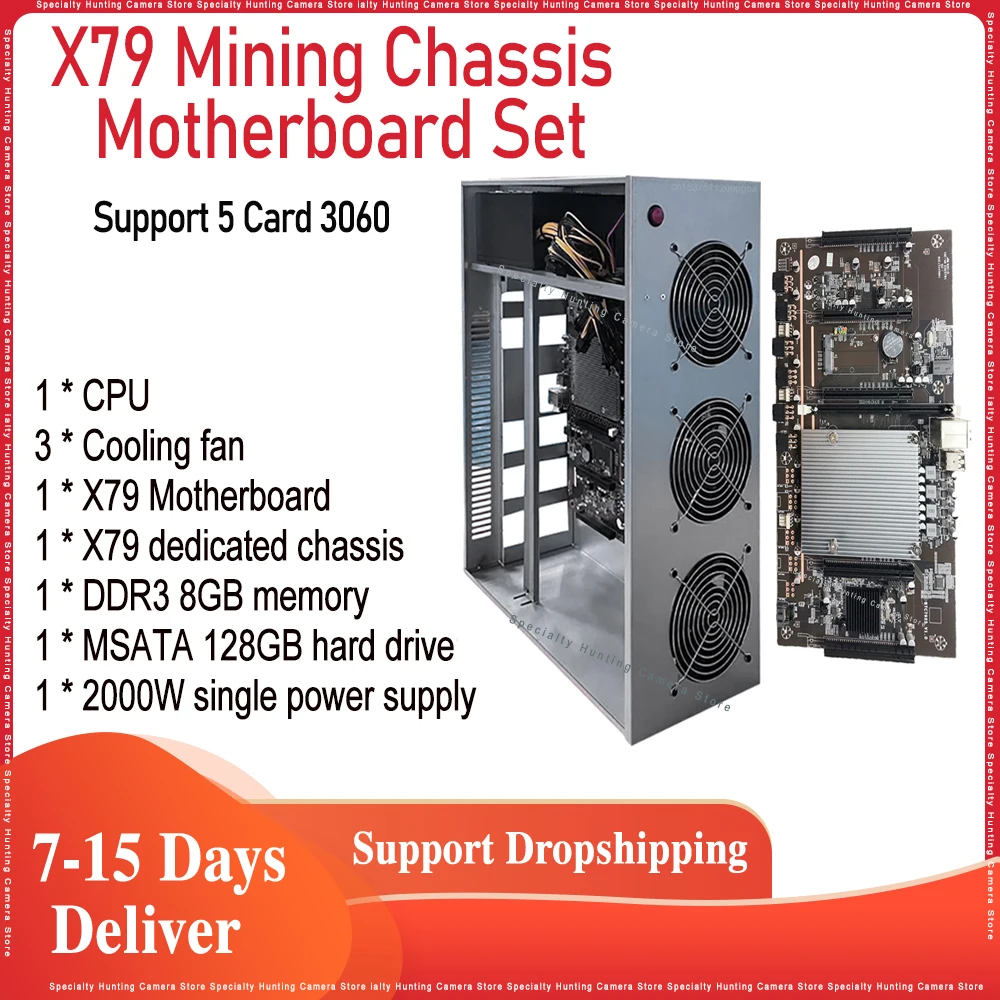 

X79 чехол для майнинга материнская плата комплект шасси 5 PCI-E 3.0 слот для графической карты с 8 Гб DDR3 128 ГБ MSATA 2000 Вт PSU поддержка 3060 GPU