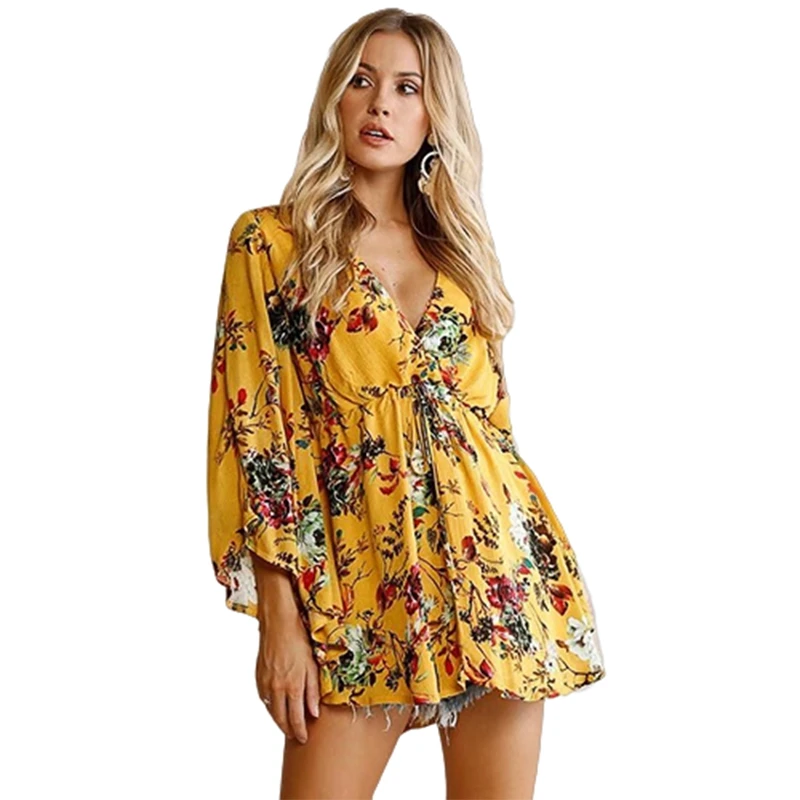 

Boho style dress retro women's hippie floral deep V-neck bohemian mini dress summer ladies bat sleeves