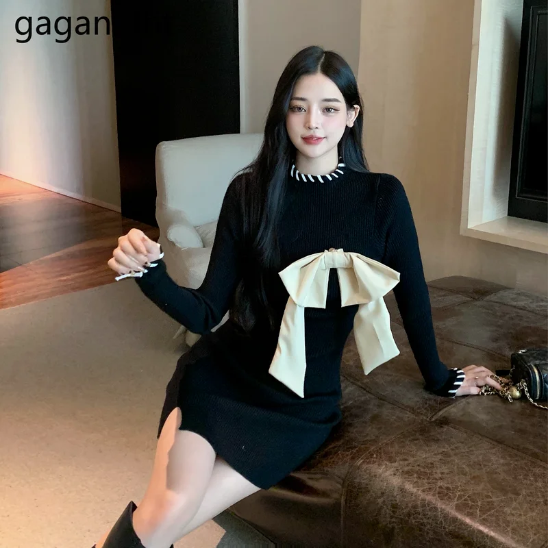 

Gaganight Women Knitted Dress Female 2021 Autumn Winter New Korean Chic Bowknot Wrapped Slit Irregular Short Bottoming Dresses