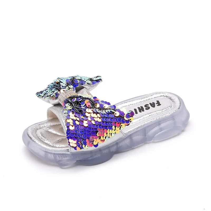 

2020 New Arrivals Kids Slippers for Girls Summer Shoes Fashion Sequins Shiny Bow Slippers Outdoor Children Slides EU 26-36#