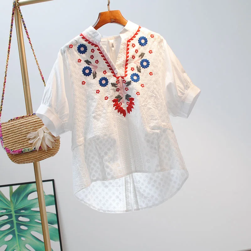 

VANOVICH Embroidery V-neck Cotton Short Sleeve Women Shirts New 2021 Women Clothing Summer Wild Ladies Blouses and Tops