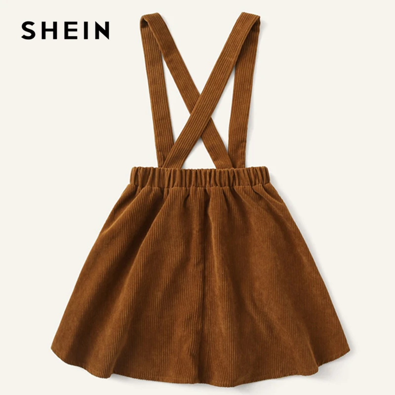 SHEIN/Детская коричневая Вельветовая юбка-сарафан на пуговицах спереди для девочек; консервативная юбка для детей; коллекция года; сезон осень; расклешенные юбки с перекрещивающимися сзади узорами для подростков