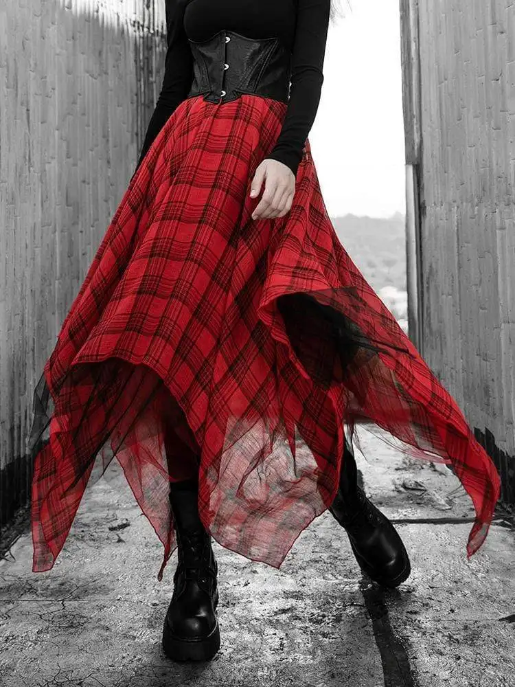 Панк Rave женские Асимметричный Подол кружева Overlaide плед Юбки PQ 744BQ Азиатский