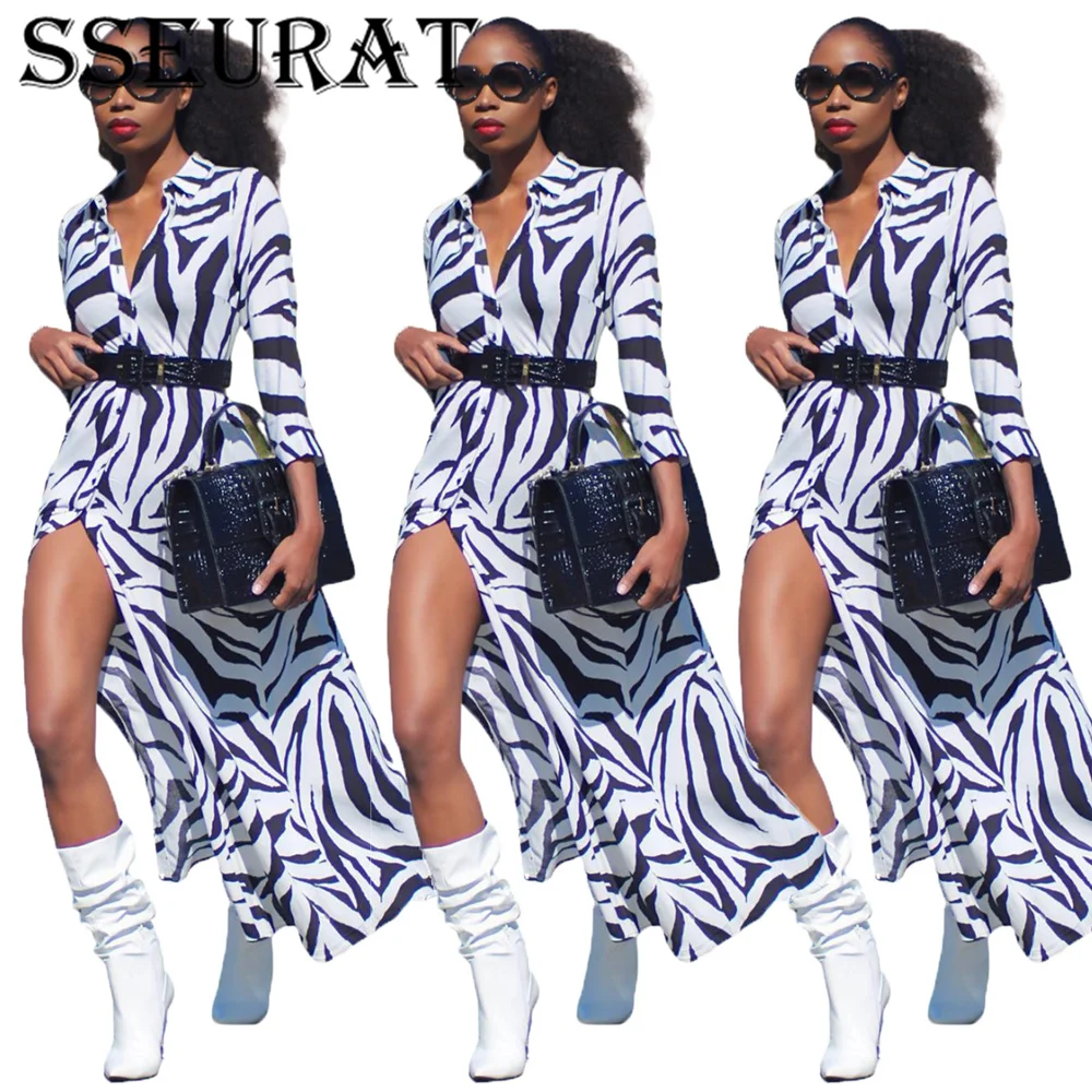 

SSEURAT Women Long Dress Zebra Print Slim Shirt Dresses Autumn Fashion Casual Vestidos
