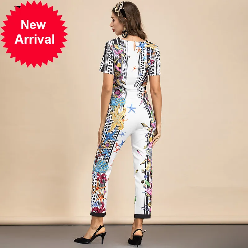 2021 Summer Fashion Runway Pants Suits Women's Elegant Short sleeve Print Top and Slim Long Pants 2 Two Piece Set