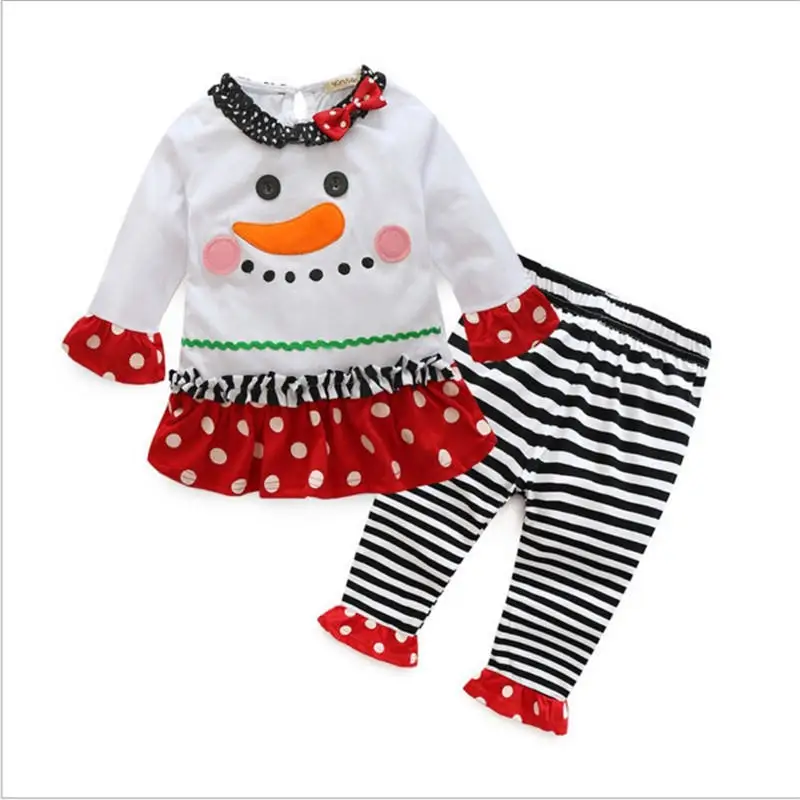 

Christmas Two Piece Set Infant Girls Autumn Winter Snowman Printed Outfits Striped Pants Pullover Sweatshirt